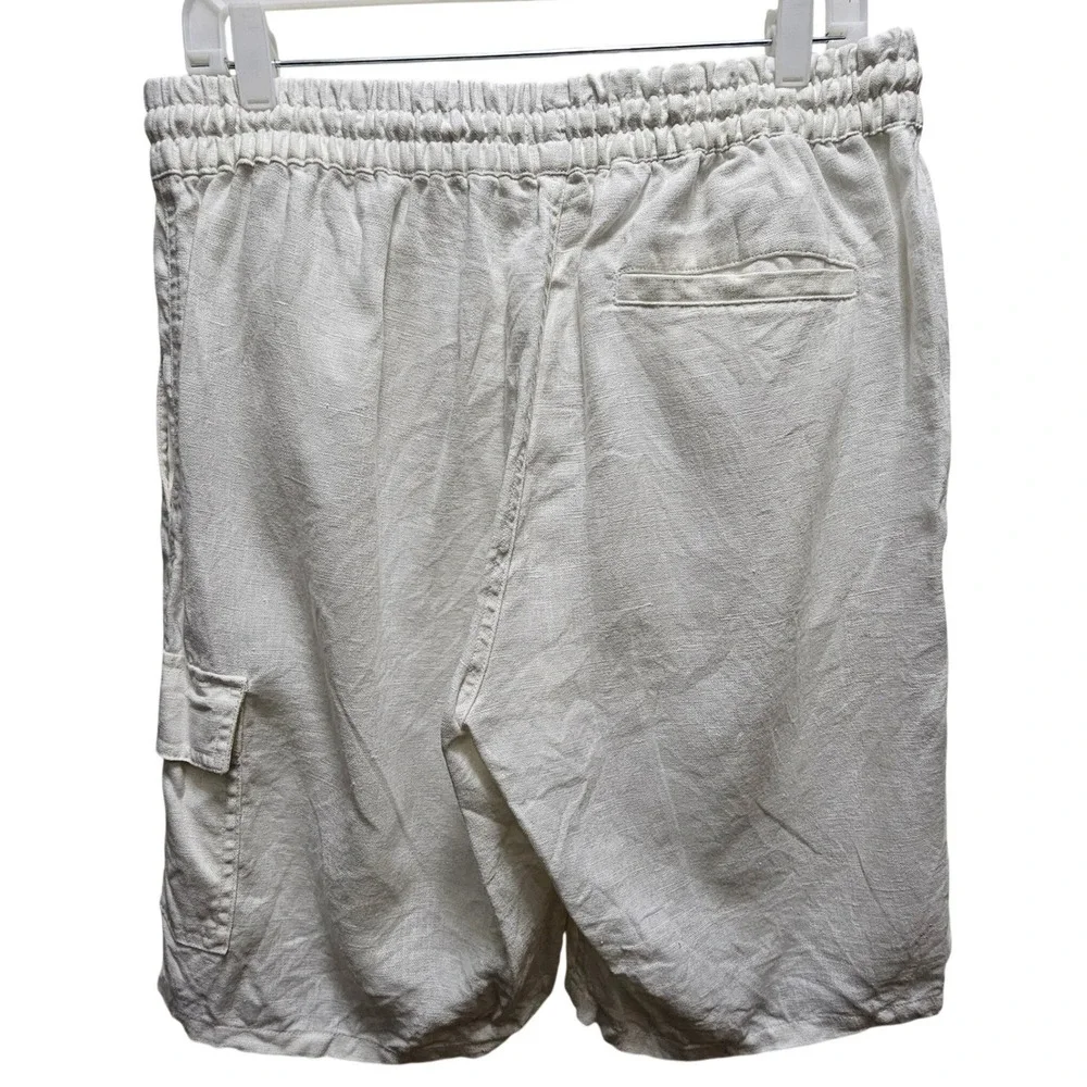 Onia Mens 100% Linen Cargo Shorts Off-White Cream Elastic Resort Old Money Large